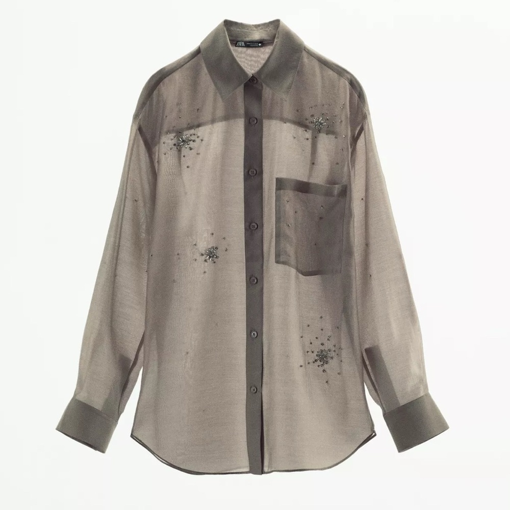 Zara Semi Sheer Rhinestone Embellished Satin Effect Button Down Shirt large